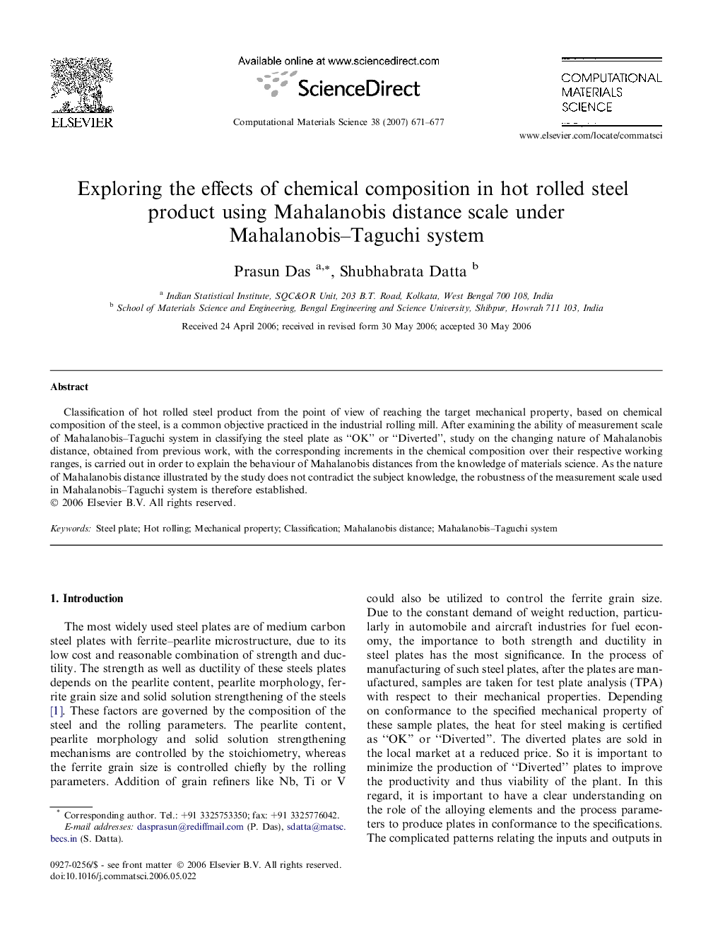 عکس صفحه اول مقاله: Exploring the effects of chemical composition in hot rolled steel product using Mahalanobis distance scale under Mahalanobis–Taguchi system Exploring the effects of chemical composition in hot rolled steel product using Mahalanobis distance scale under Mahalanobis–Taguchi system