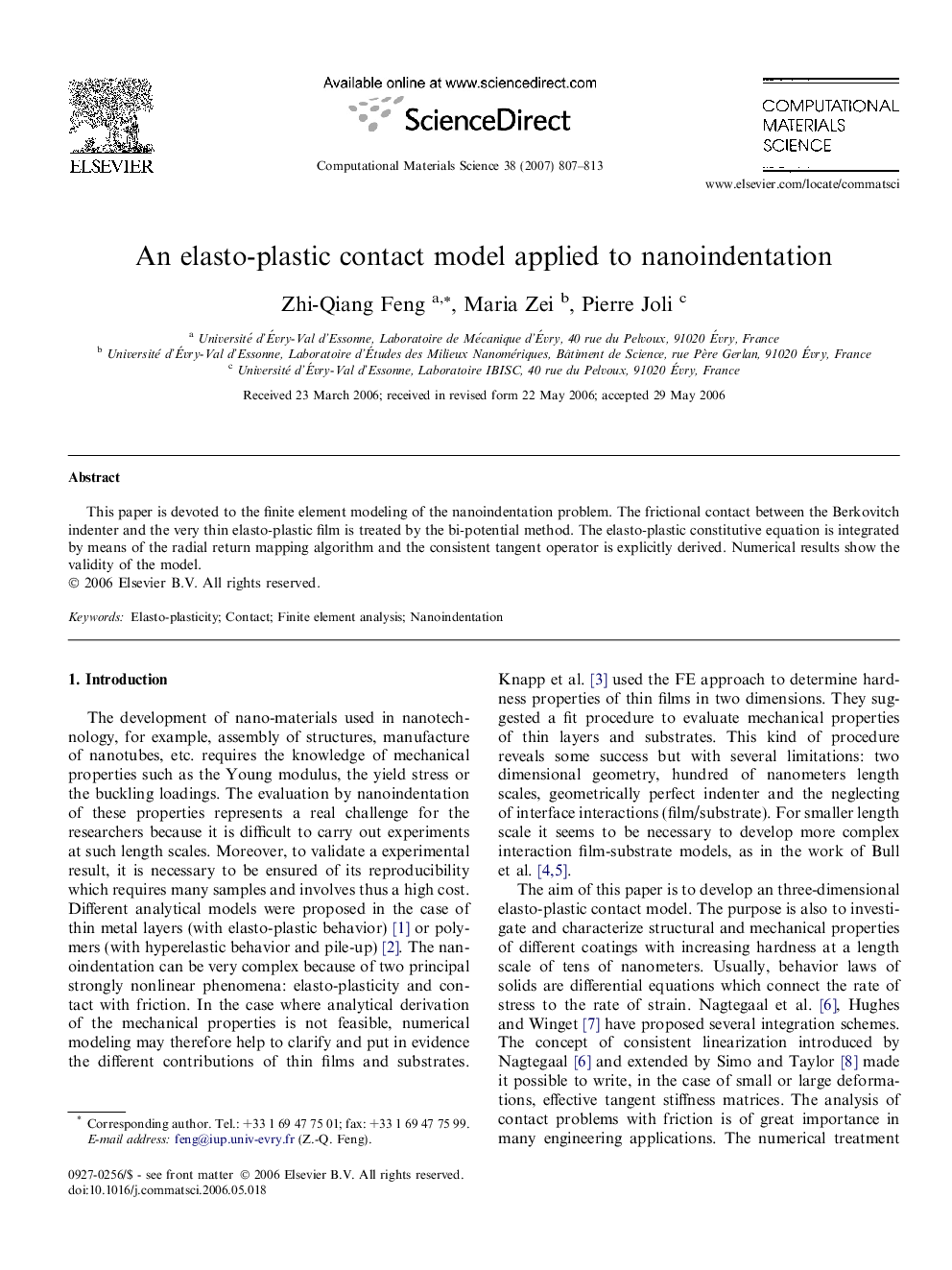 An elasto-plastic contact model applied to nanoindentation