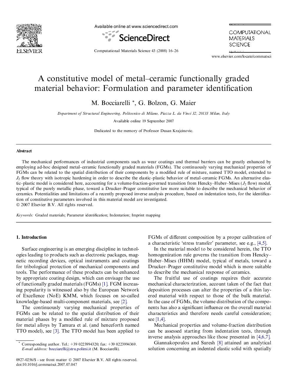 A constitutive model of metal-ceramic functionally graded material behavior: Formulation and parameter identification