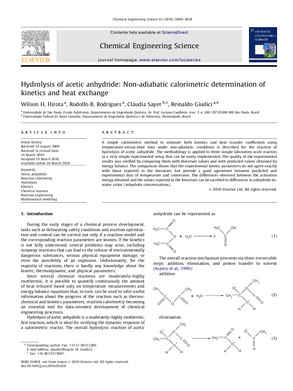 Hydrolysis of acetic anhydride: Non-adiabatic calorimetric determination of kinetics and heat exchange