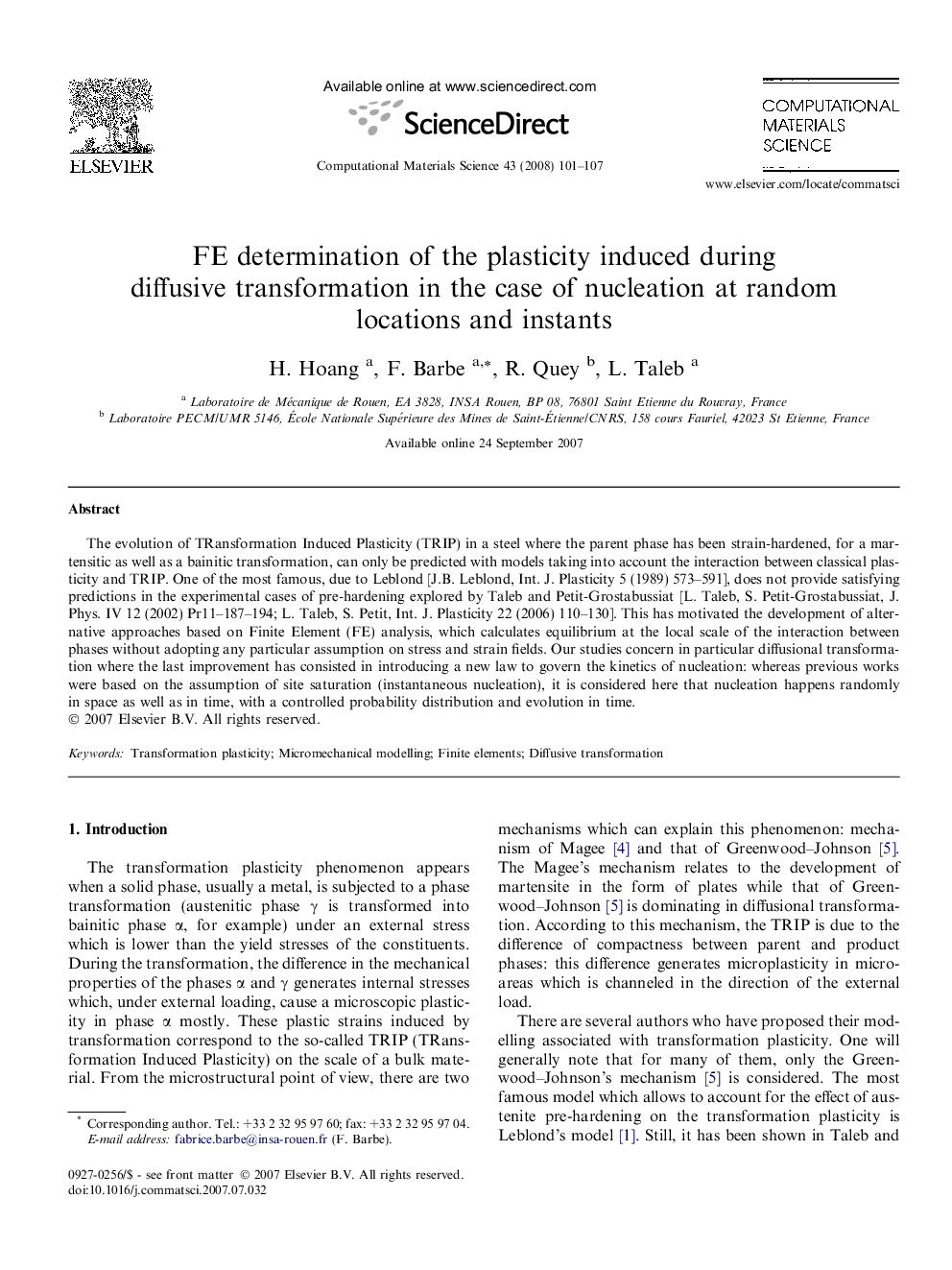 FE determination of the plasticity induced during diffusive transformation in the case of nucleation at random locations and instants