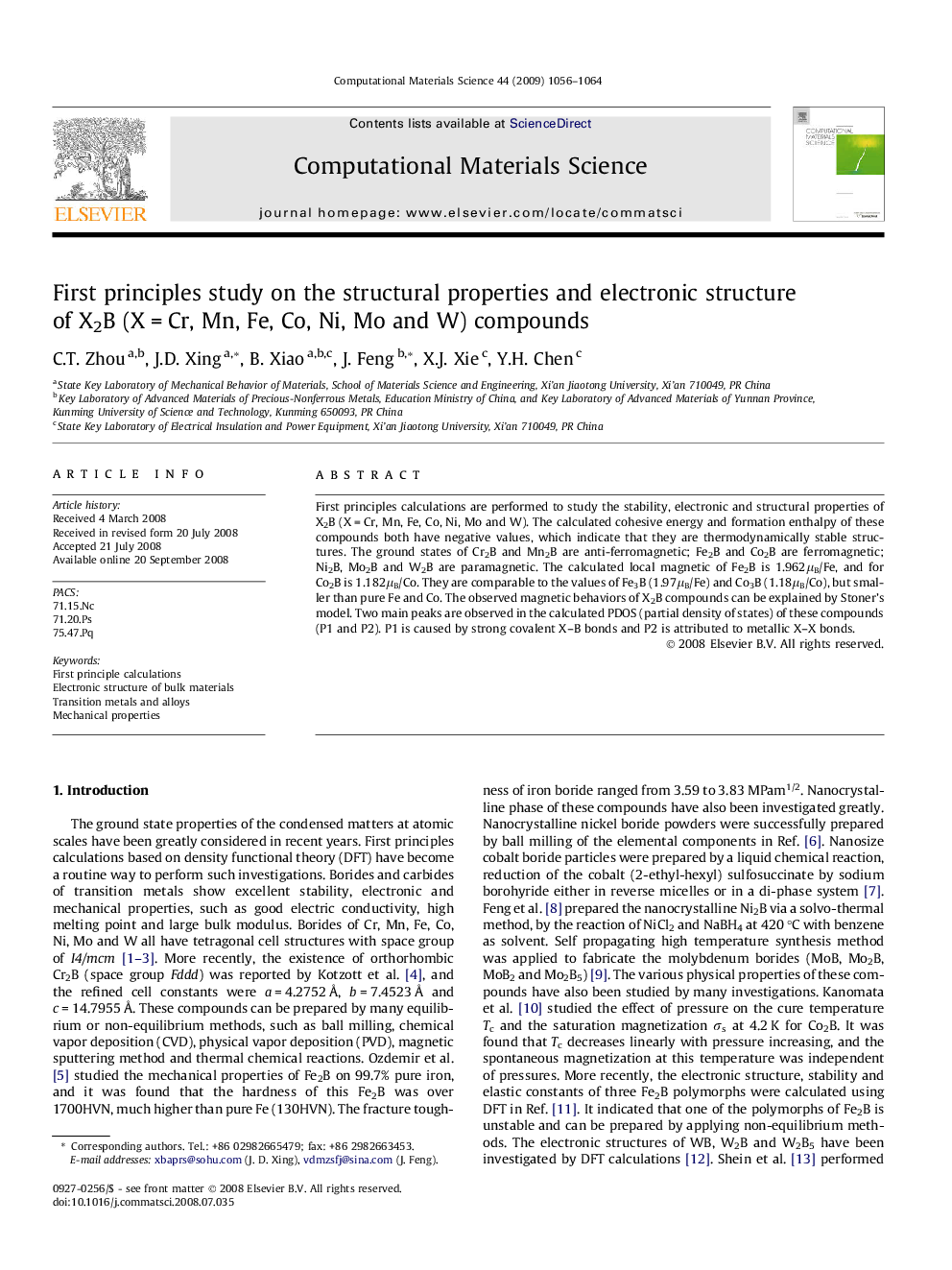 First principles study on the structural properties and electronic structure of X2B (XÂ =Â Cr, Mn, Fe, Co, Ni, Mo and W) compounds