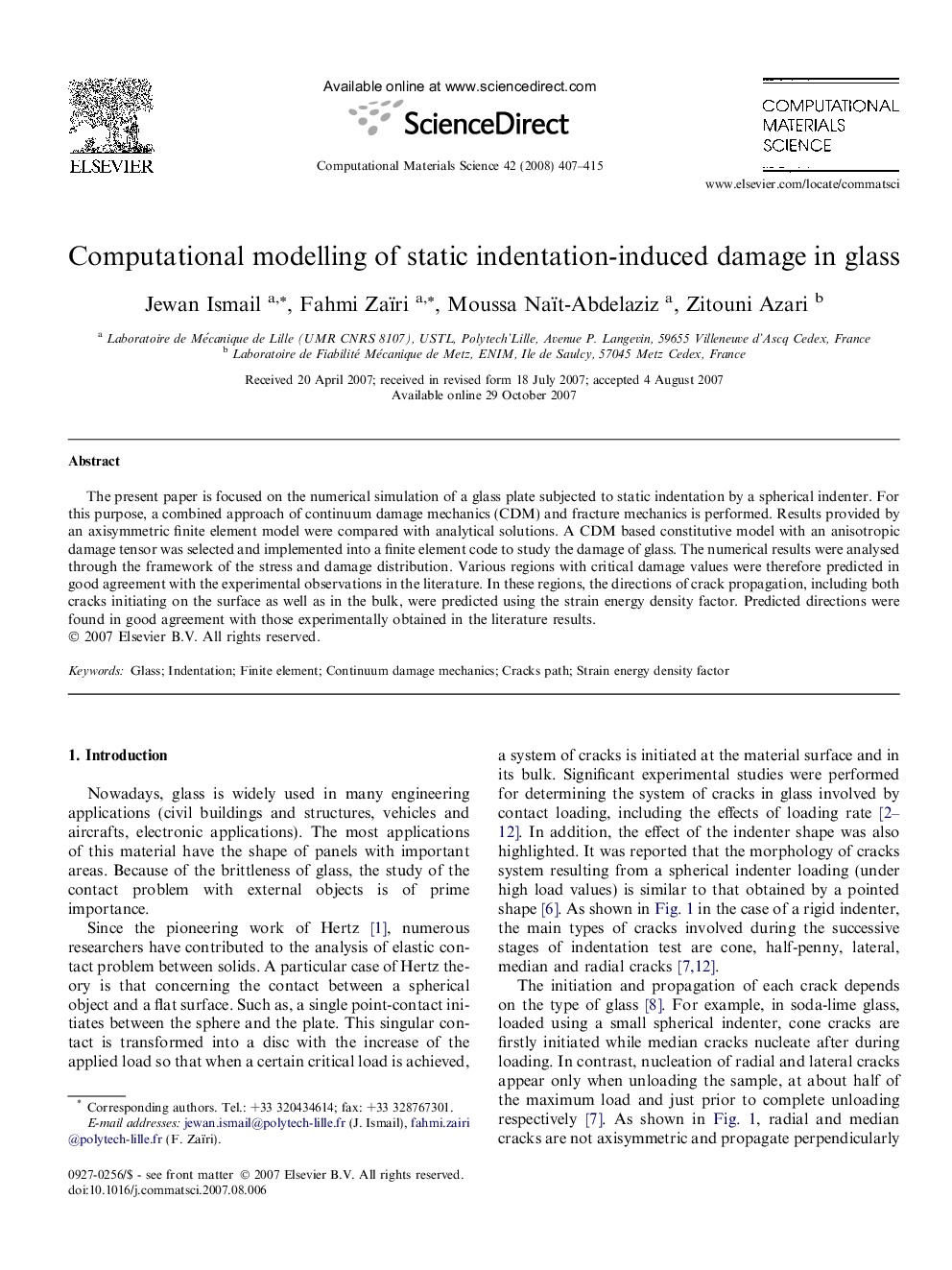 Computational modelling of static indentation-induced damage in glass