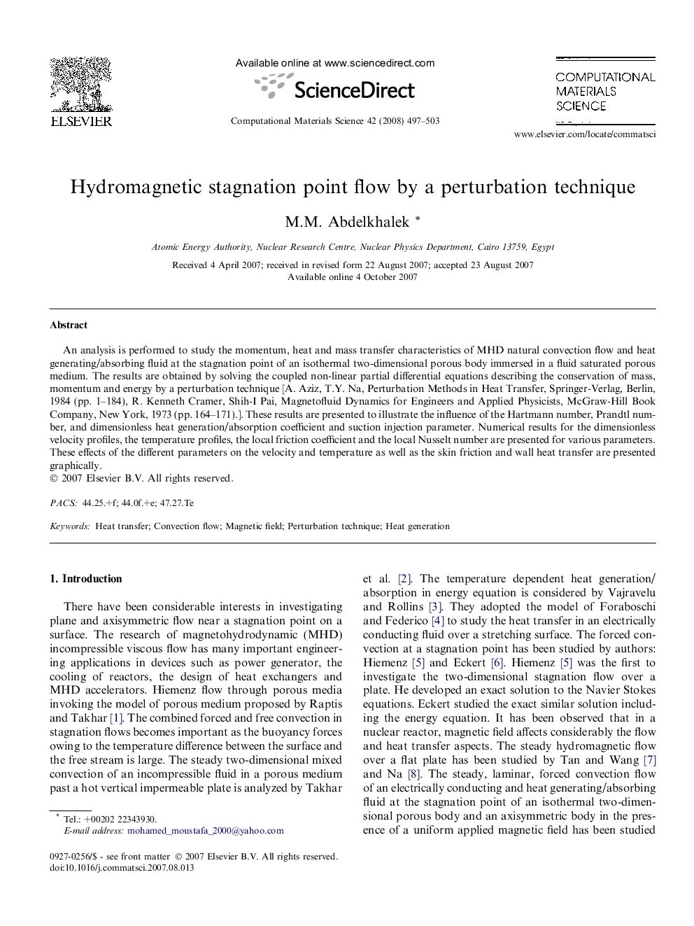 Hydromagnetic stagnation point flow by a perturbation technique