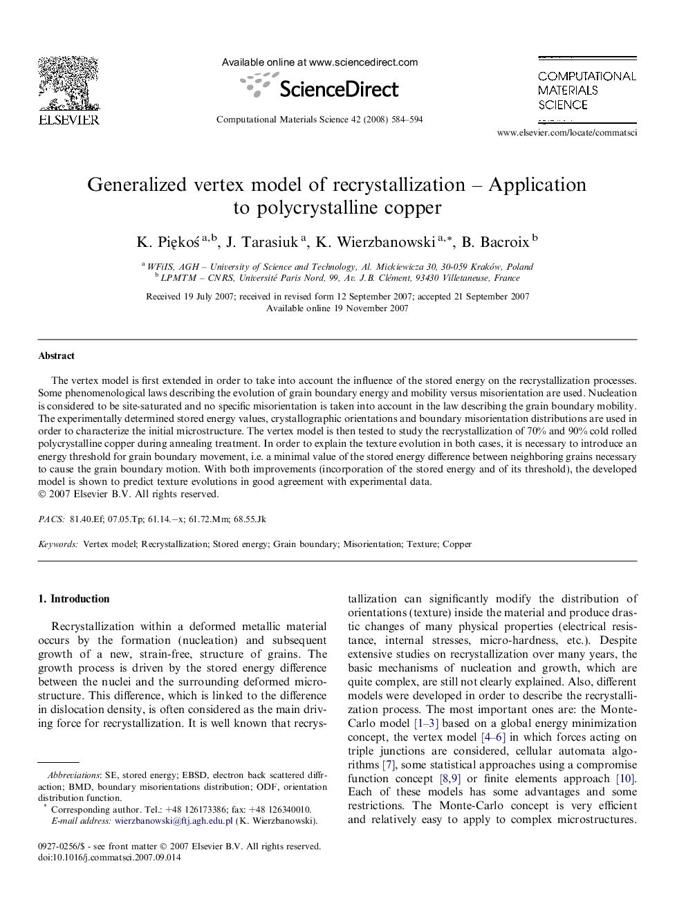 Generalized vertex model of recrystallization – Application to polycrystalline copper