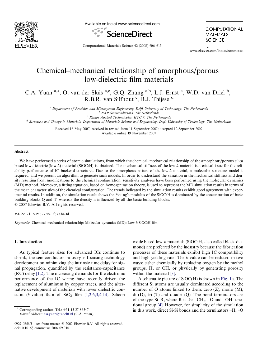 Chemical–mechanical relationship of amorphous/porous low-dielectric film materials