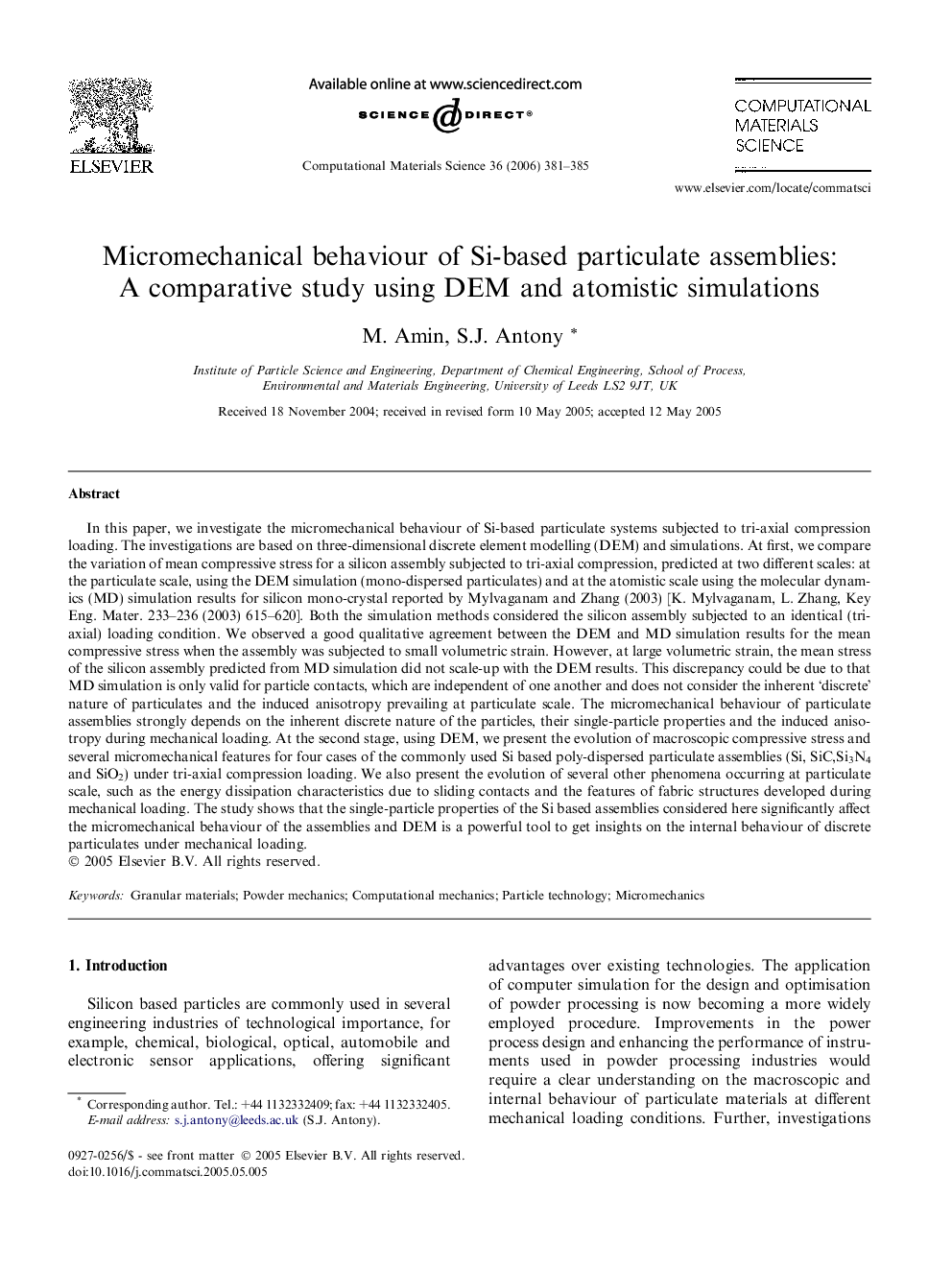 Micromechanical behaviour of Si-based particulate assemblies: A comparative study using DEM and atomistic simulations