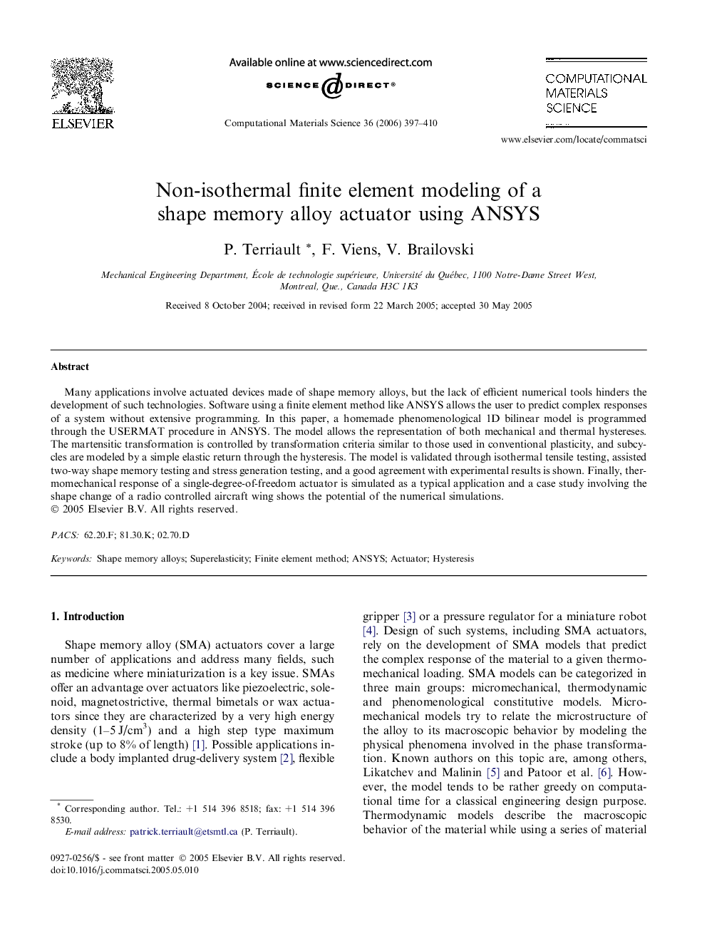 Non-isothermal finite element modeling of a shape memory alloy actuator using ANSYS