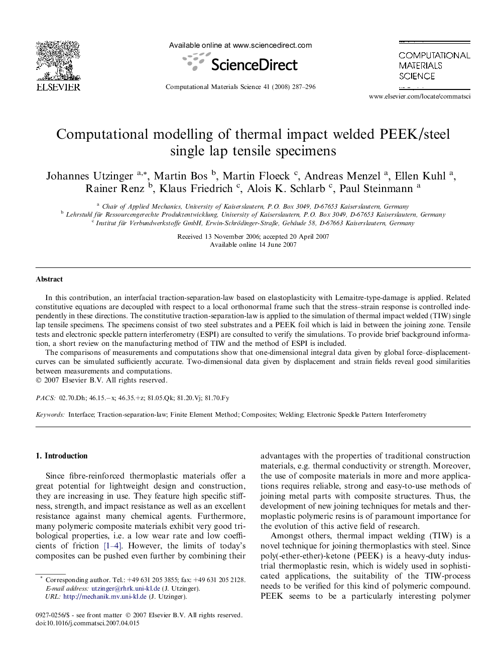 Computational modelling of thermal impact welded PEEK/steel single lap tensile specimens
