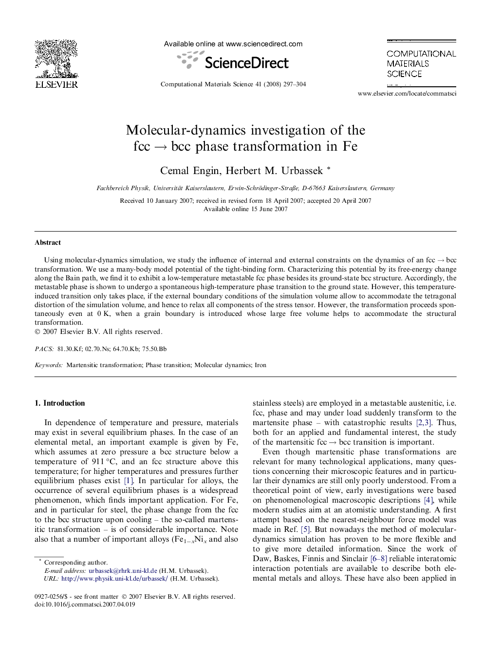 Molecular-dynamics investigation of the fccÂ âÂ bcc phase transformation in Fe