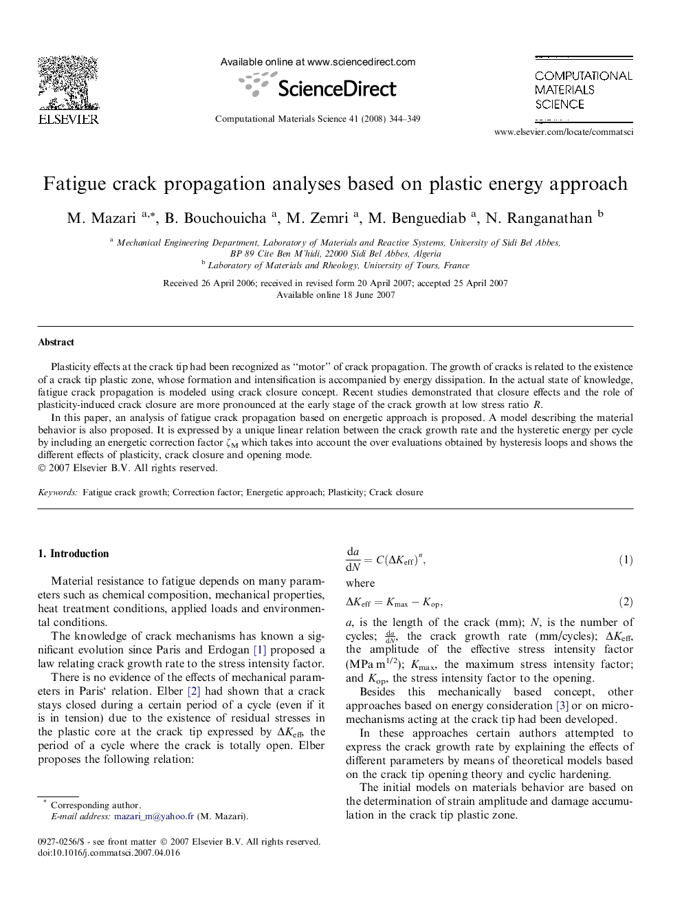 Fatigue crack propagation analyses based on plastic energy approach