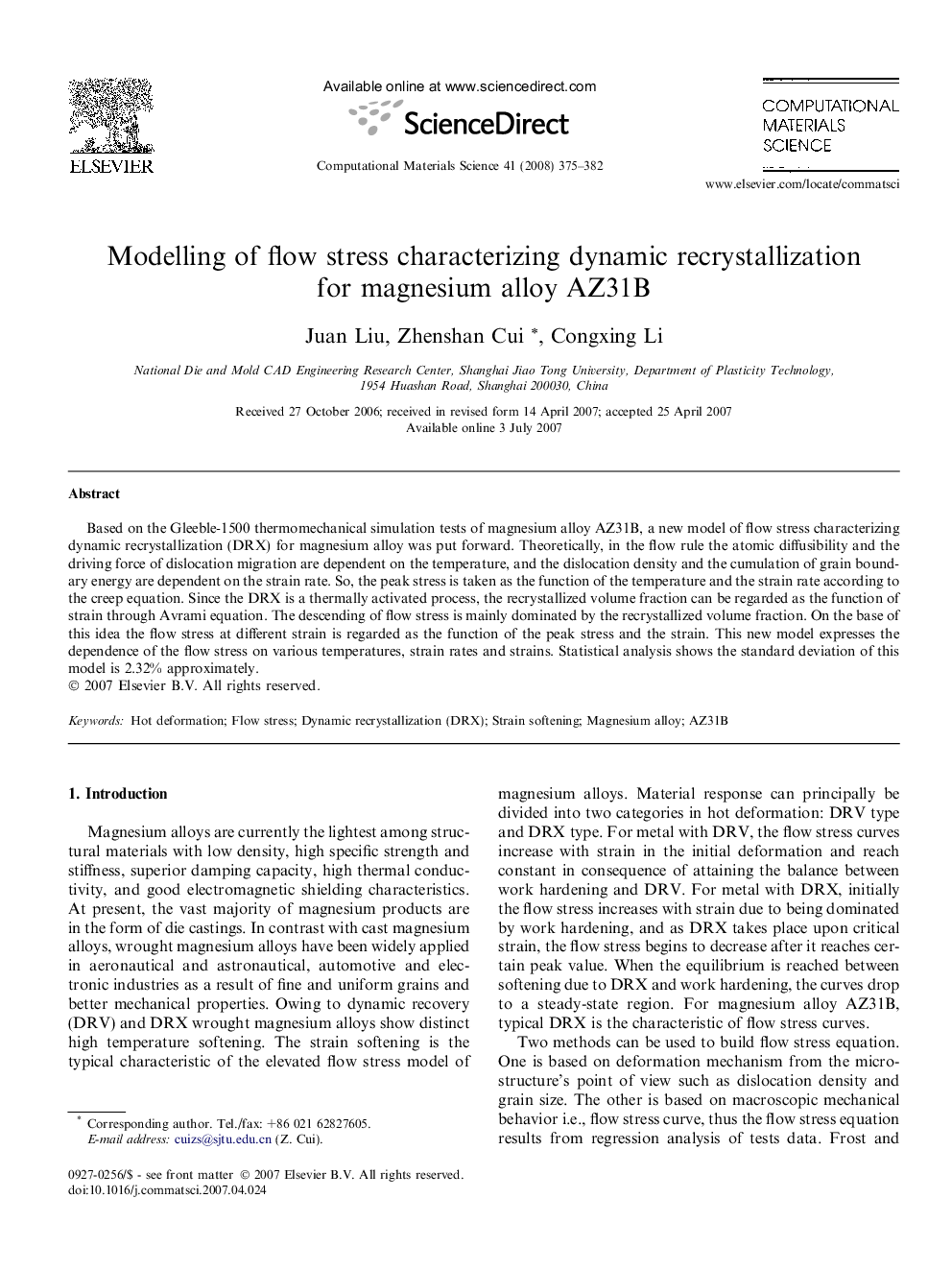 Modelling of flow stress characterizing dynamic recrystallization for magnesium alloy AZ31B