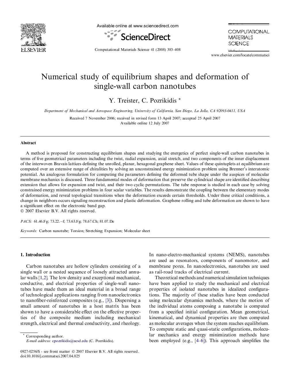 Numerical study of equilibrium shapes and deformation of single-wall carbon nanotubes