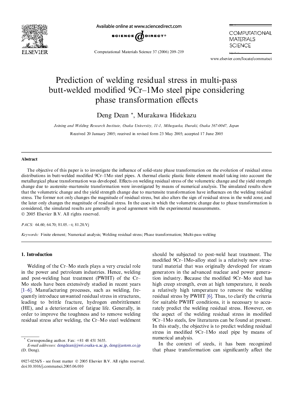 Prediction of welding residual stress in multi-pass butt-welded modified 9Cr–1Mo steel pipe considering phase transformation effects