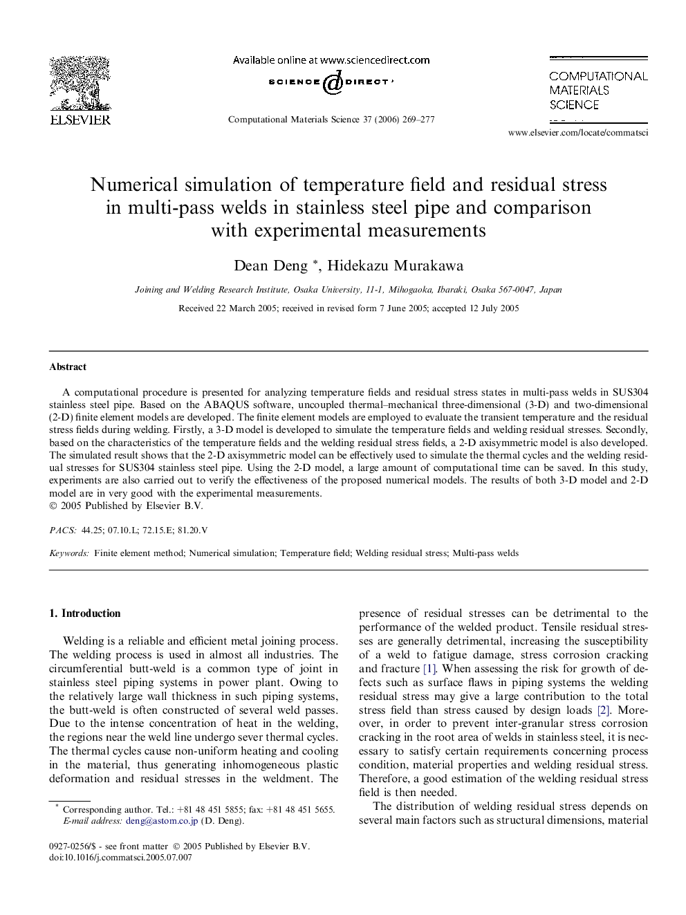 Numerical simulation of temperature field and residual stress in multi-pass welds in stainless steel pipe and comparison with experimental measurements