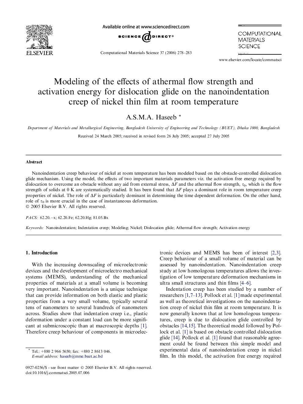 Modeling of the effects of athermal flow strength and activation energy for dislocation glide on the nanoindentation creep of nickel thin film at room temperature