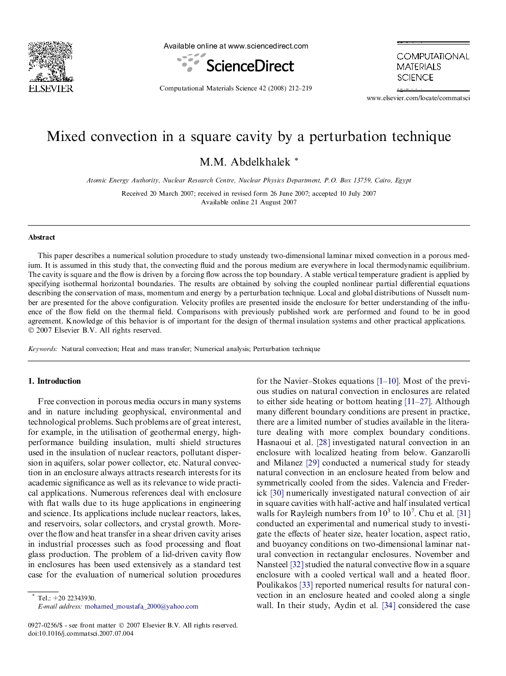 Mixed convection in a square cavity by a perturbation technique