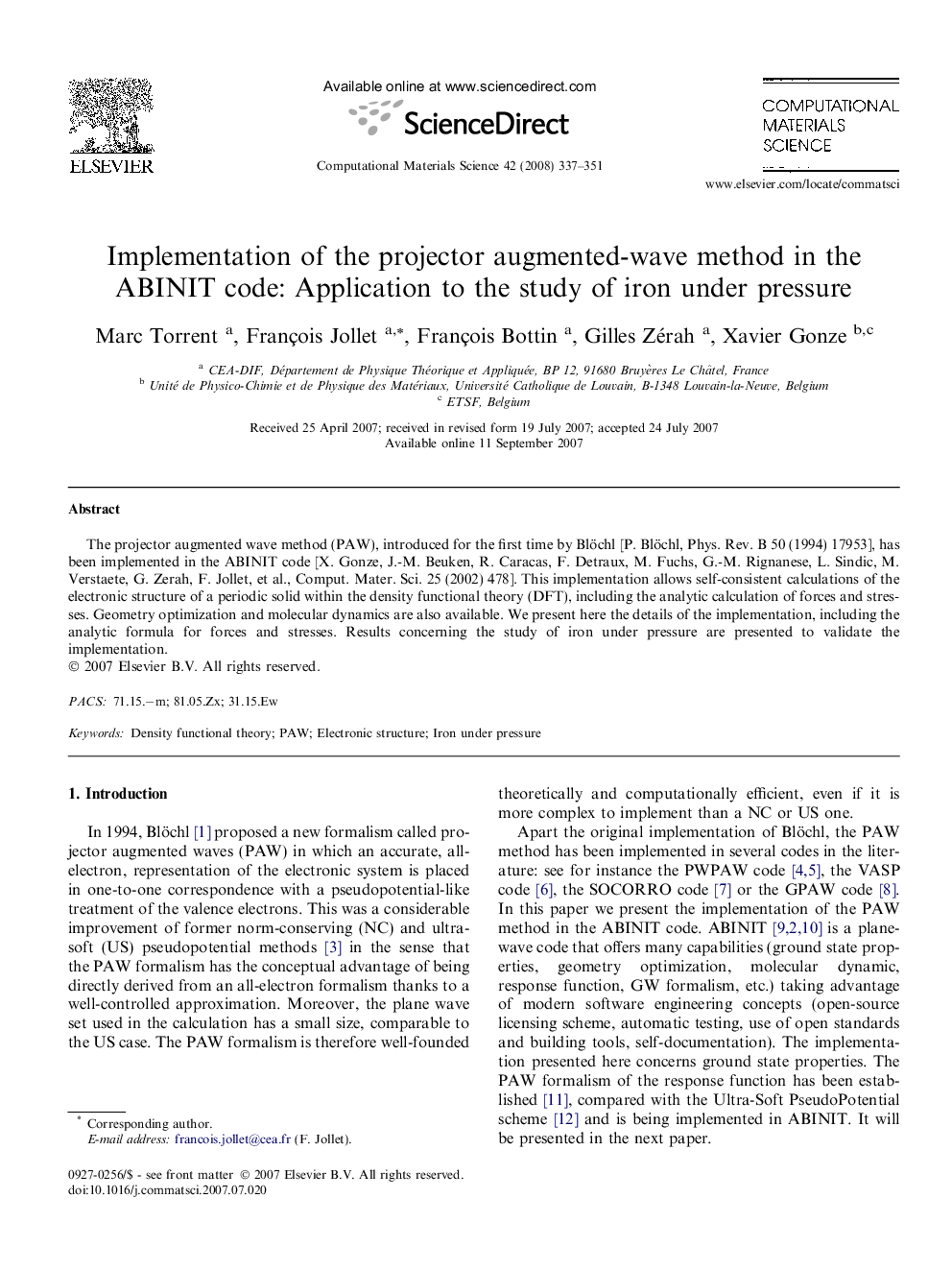 Implementation of the projector augmented-wave method in the ABINIT code: Application to the study of iron under pressure