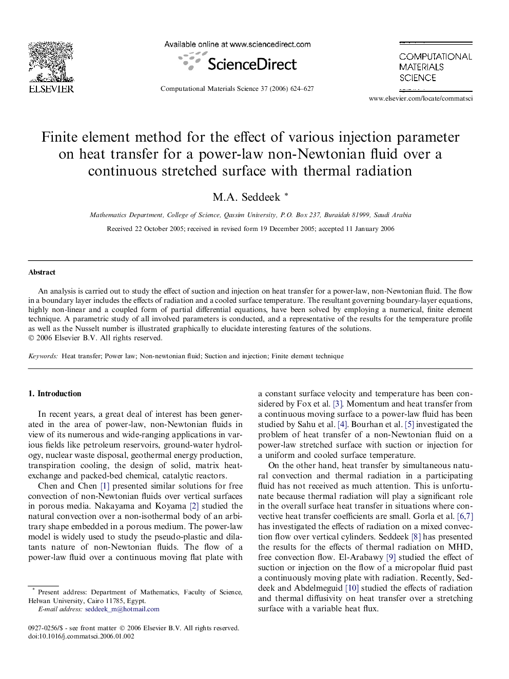 Finite element method for the effect of various injection parameter on heat transfer for a power-law non-Newtonian fluid over a continuous stretched surface with thermal radiation