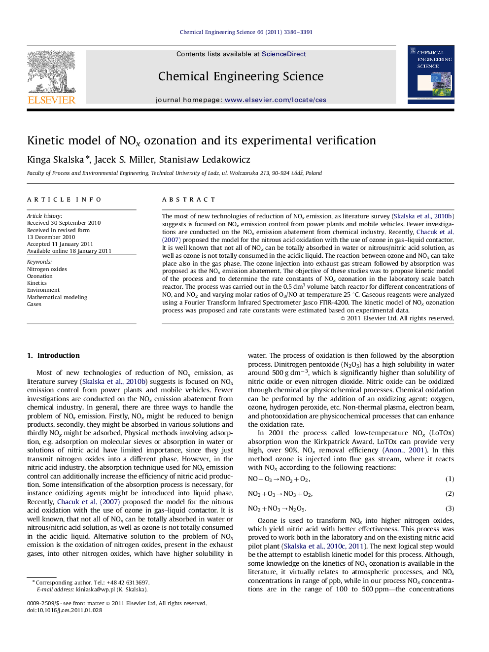 Kinetic model of NOx ozonation and its experimental verification