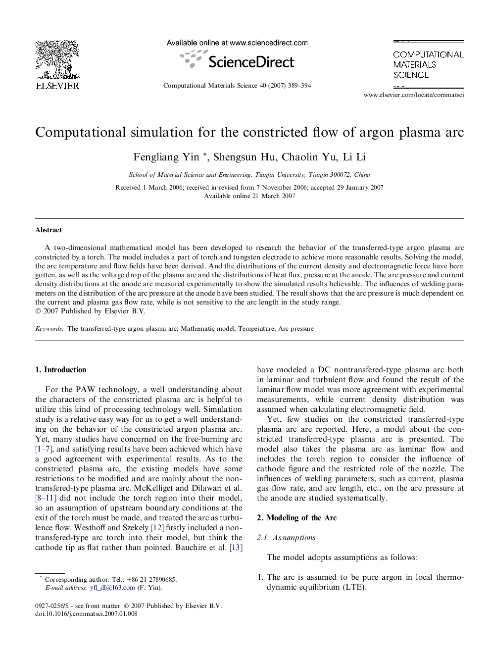 Computational simulation for the constricted flow of argon plasma arc