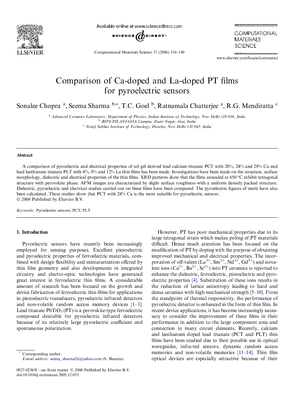 Comparison of Ca-doped and La-doped PT films for pyroelectric sensors