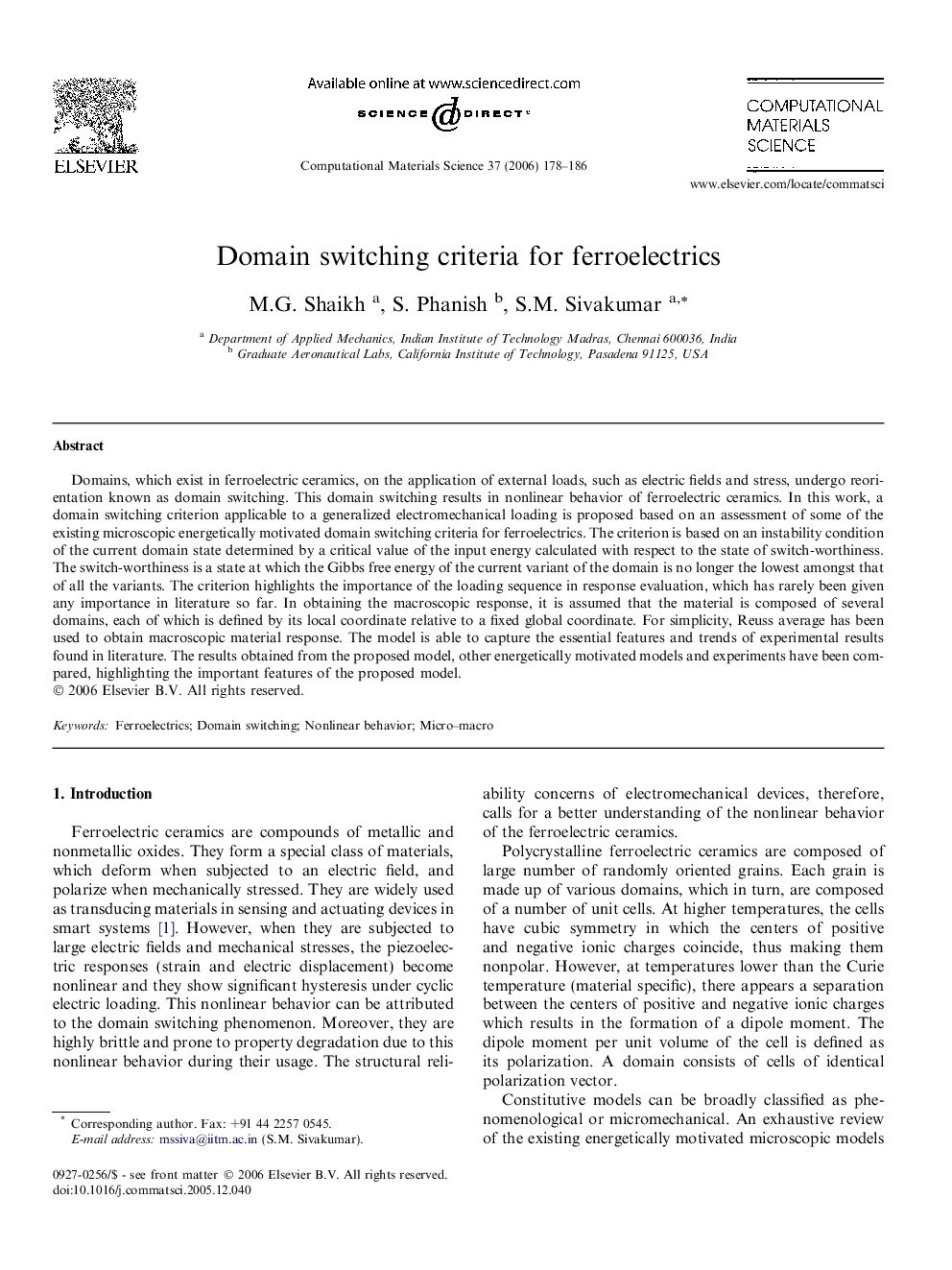 Domain switching criteria for ferroelectrics