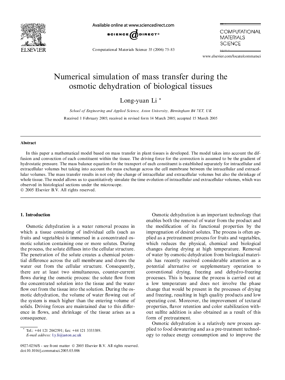 Numerical simulation of mass transfer during the osmotic dehydration of biological tissues