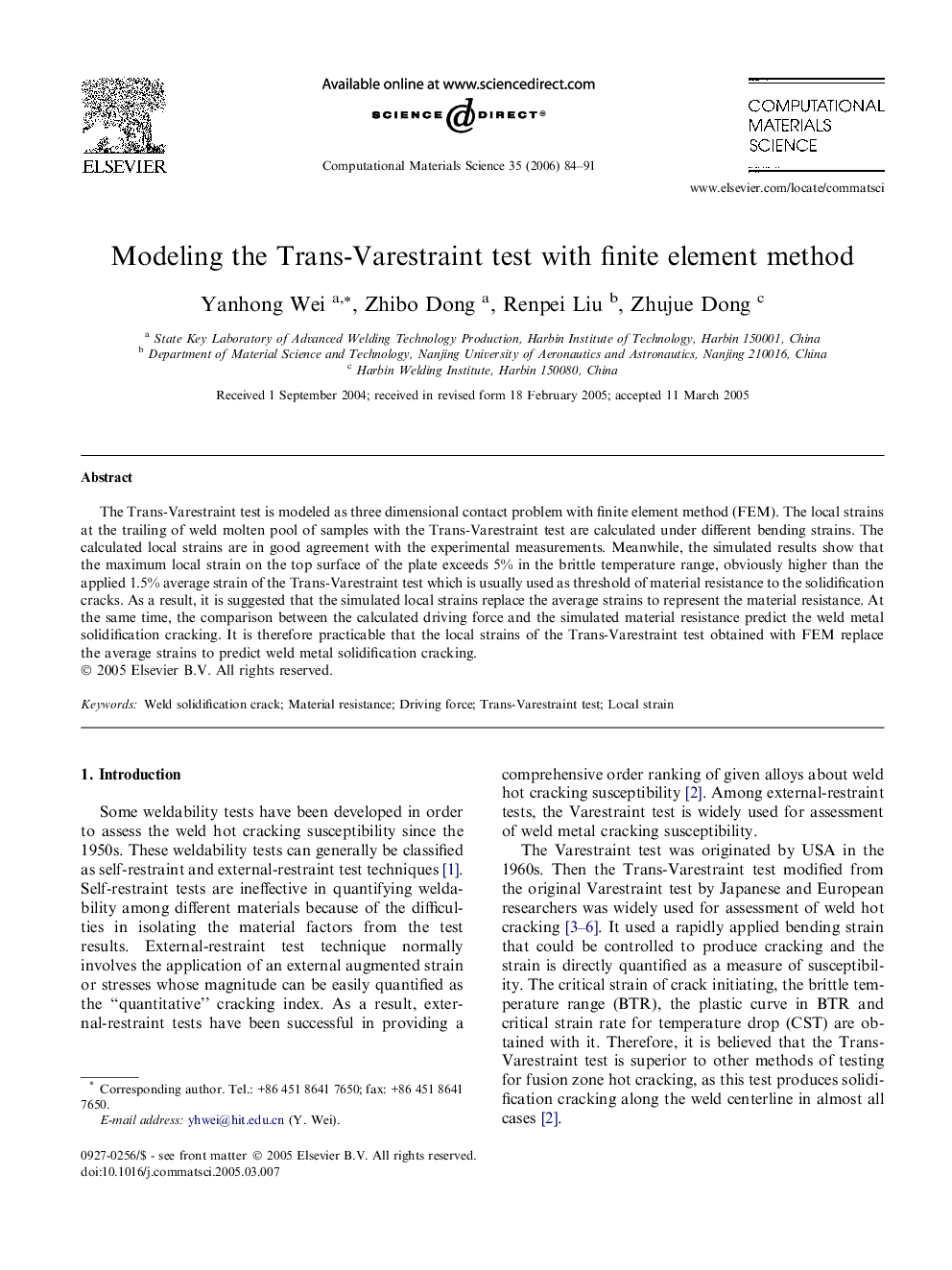 Modeling the Trans-Varestraint test with finite element method