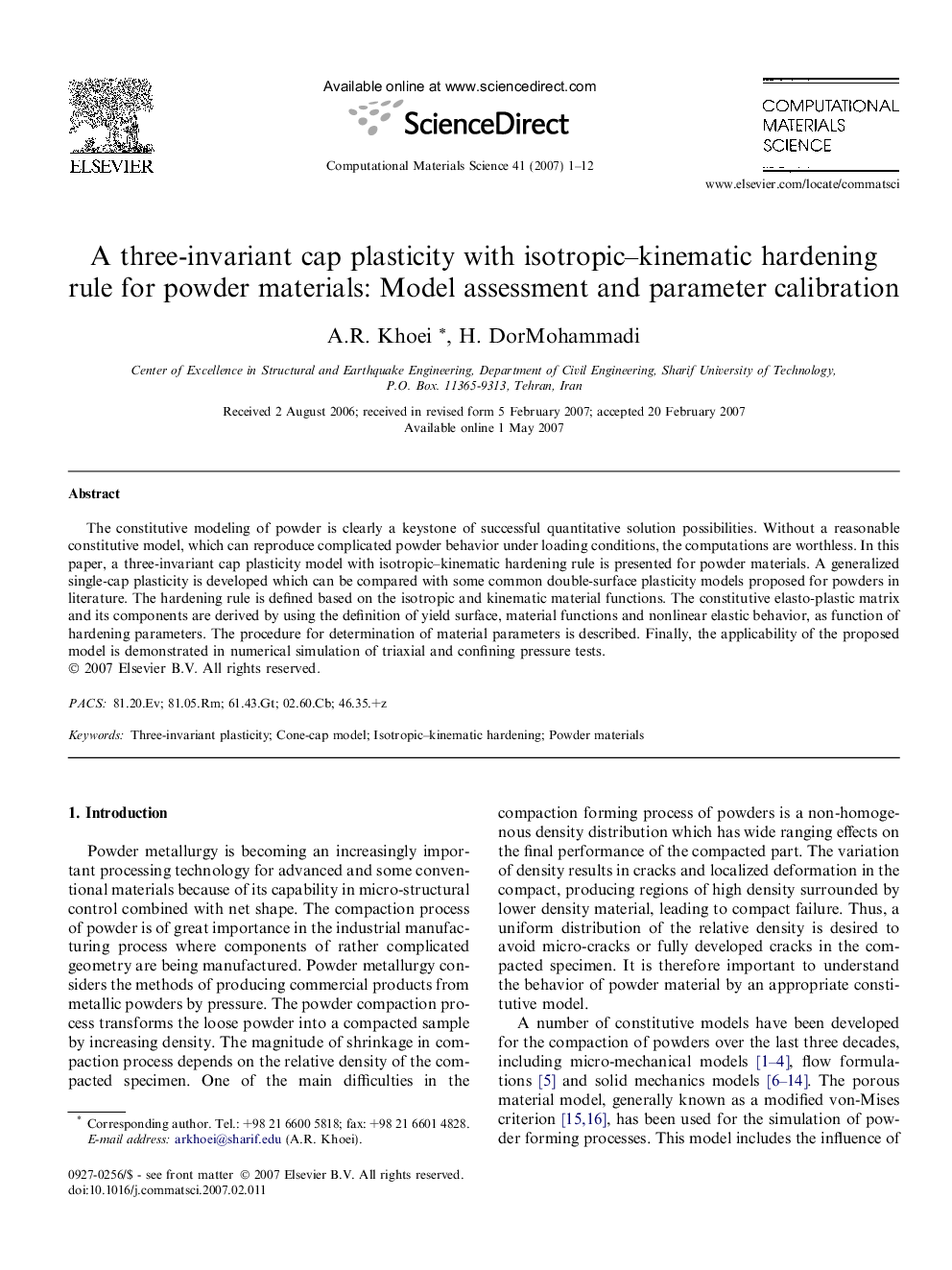 A three-invariant cap plasticity with isotropic-kinematic hardening rule for powder materials: Model assessment and parameter calibration