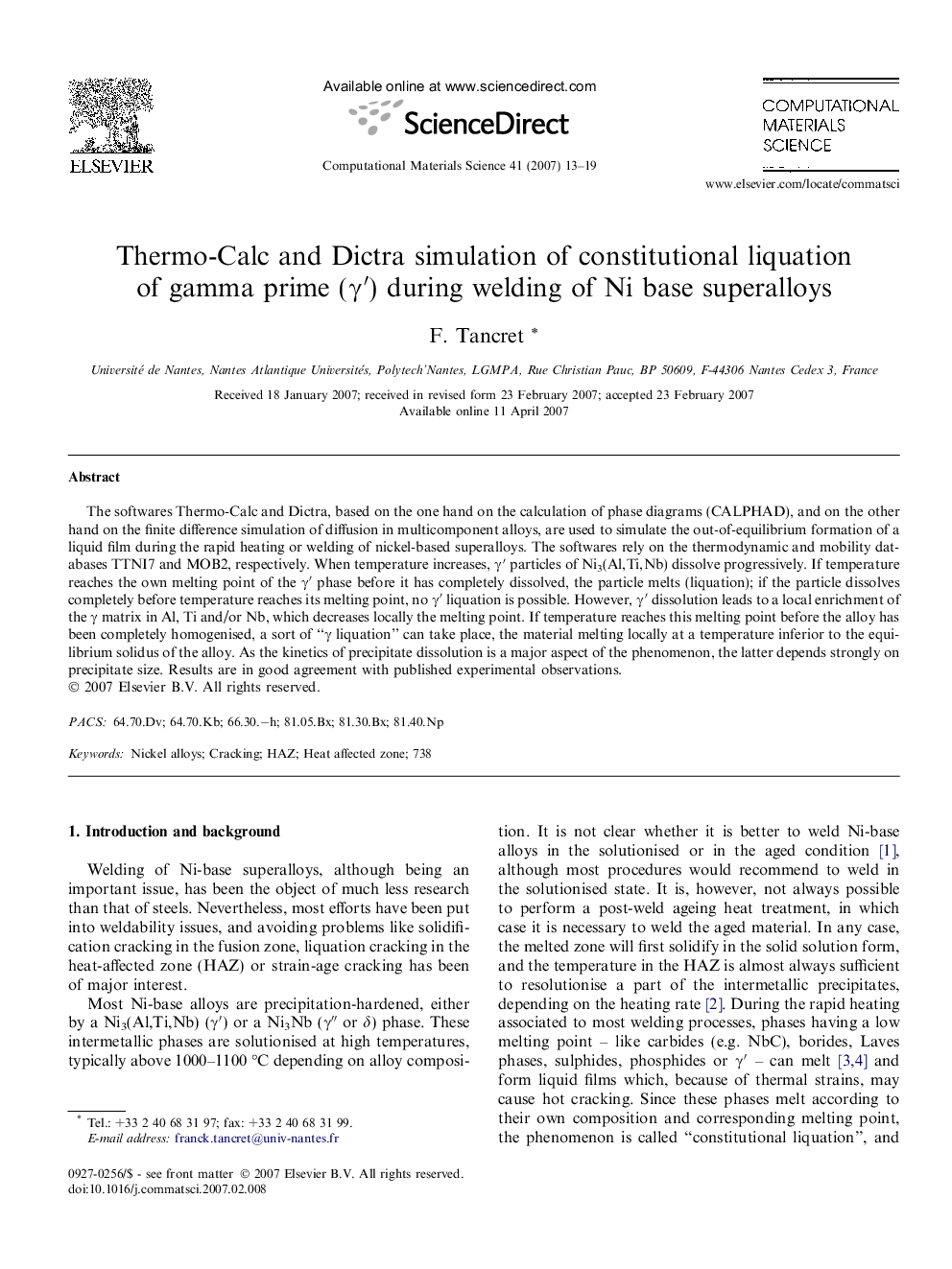 Thermo-Calc and Dictra simulation of constitutional liquation of gamma prime (γ′) during welding of Ni base superalloys