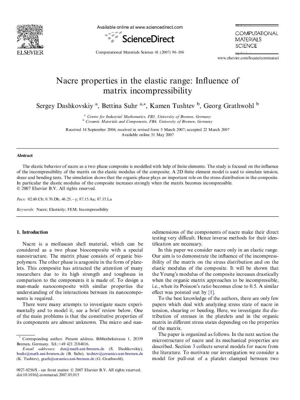 Nacre properties in the elastic range: Influence of matrix incompressibility