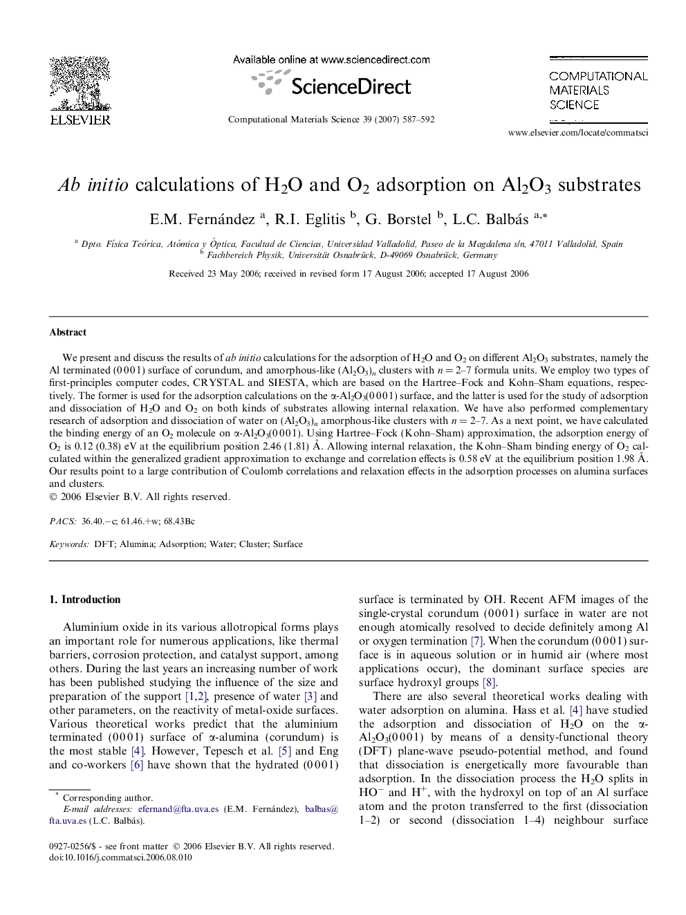 Ab initio calculations of H2O and O2 adsorption on Al2O3 substrates