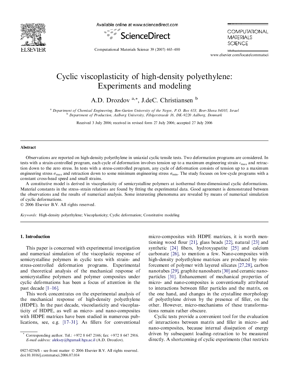 Cyclic viscoplasticity of high-density polyethylene: Experiments and modeling