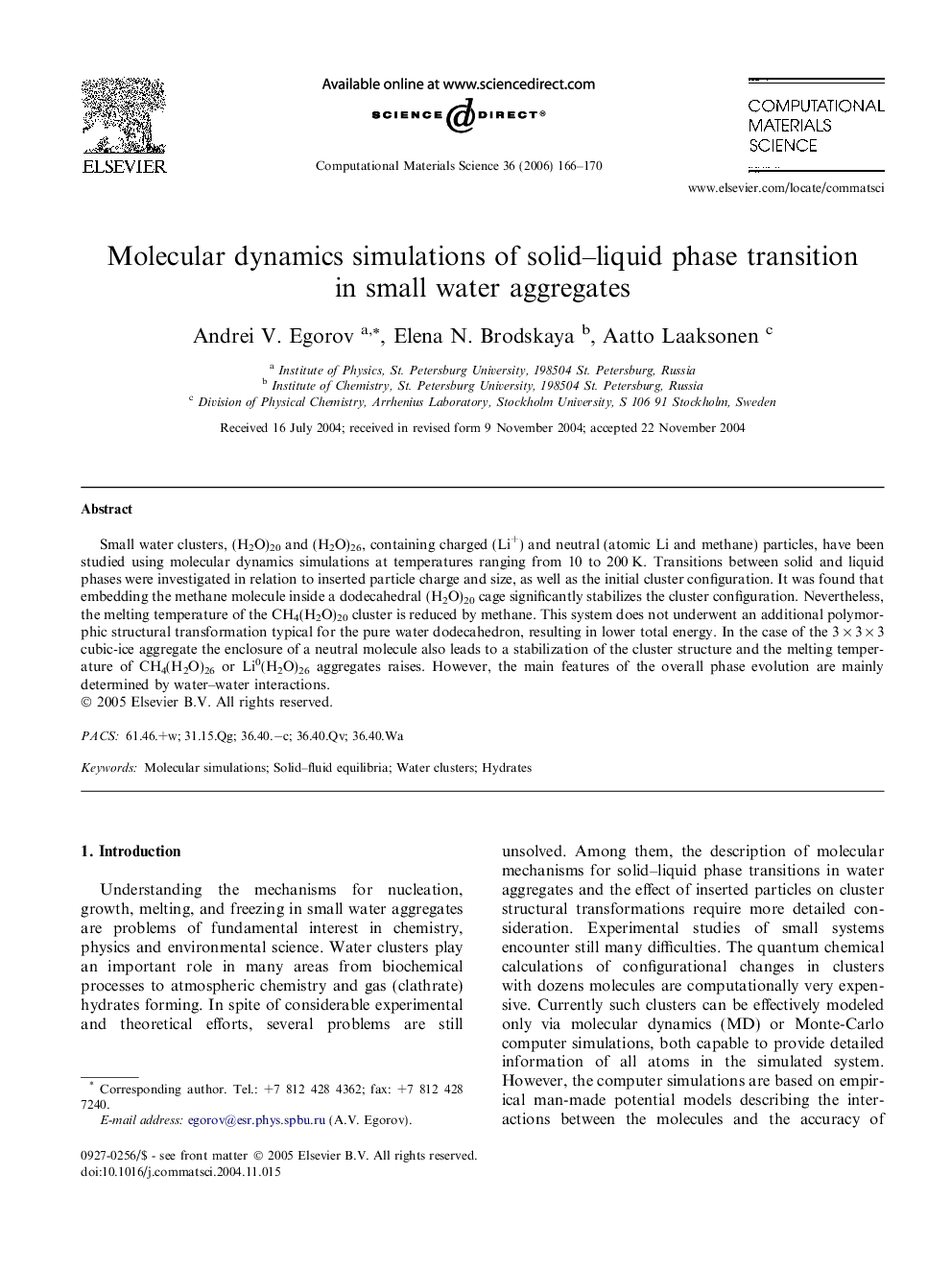 Molecular dynamics simulations of solid–liquid phase transition in small water aggregates