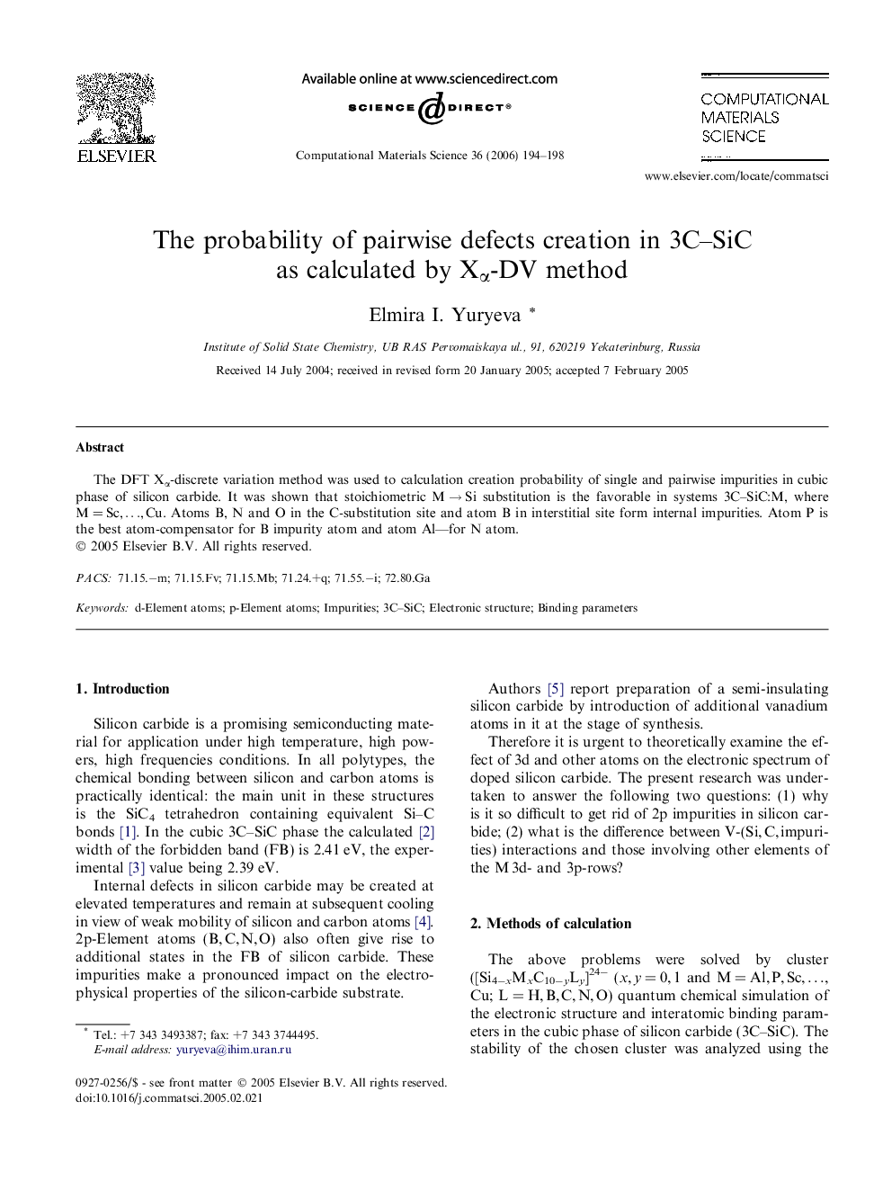 The probability of pairwise defects creation in 3C–SiC as calculated by Xα-DV method