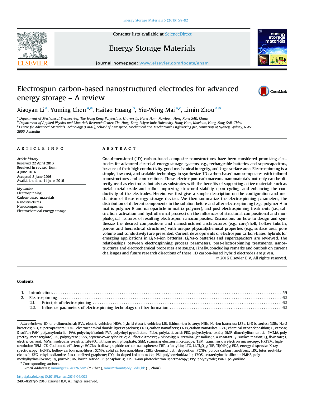 Electrospun carbon-based nanostructured electrodes for advanced energy storage - A review