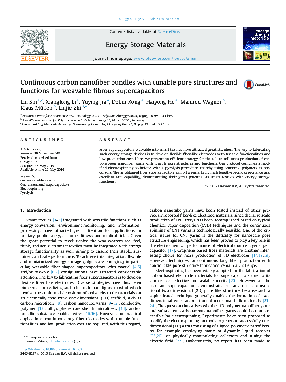 Continuous carbon nanofiber bundles with tunable pore structures and functions for weavable fibrous supercapacitors