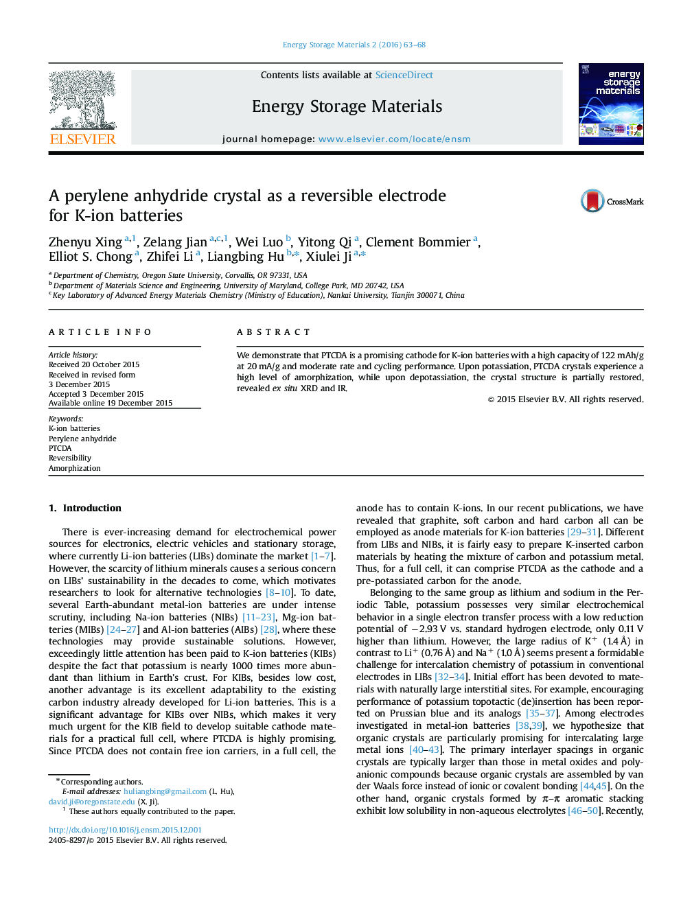 A perylene anhydride crystal as a reversible electrode for K-ion batteries