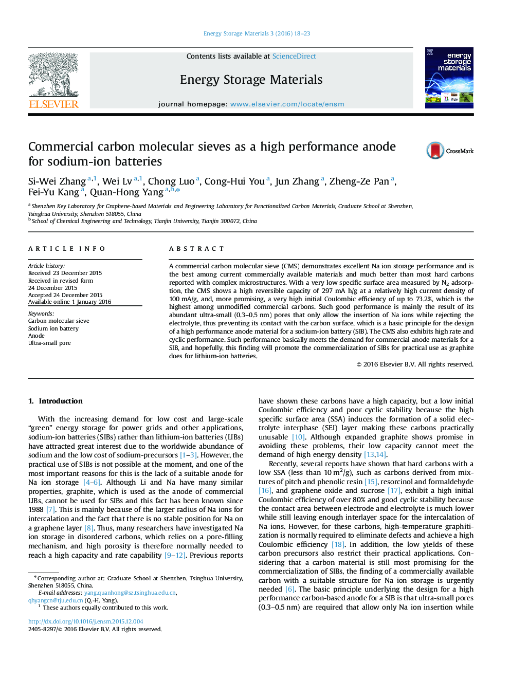 Commercial carbon molecular sieves as a high performance anode for sodium-ion batteries