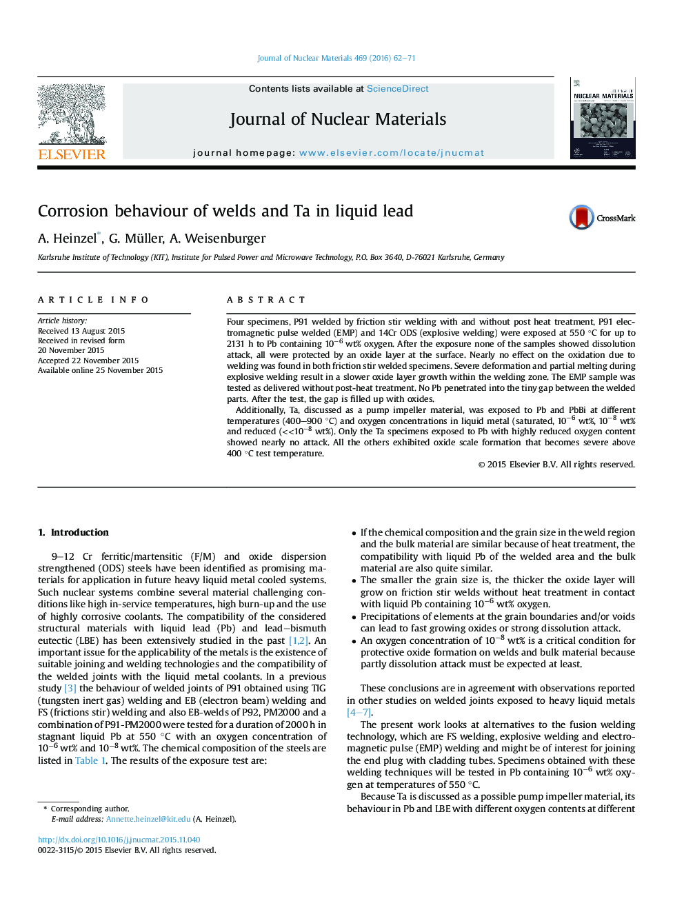 Corrosion behaviour of welds and Ta in liquid lead