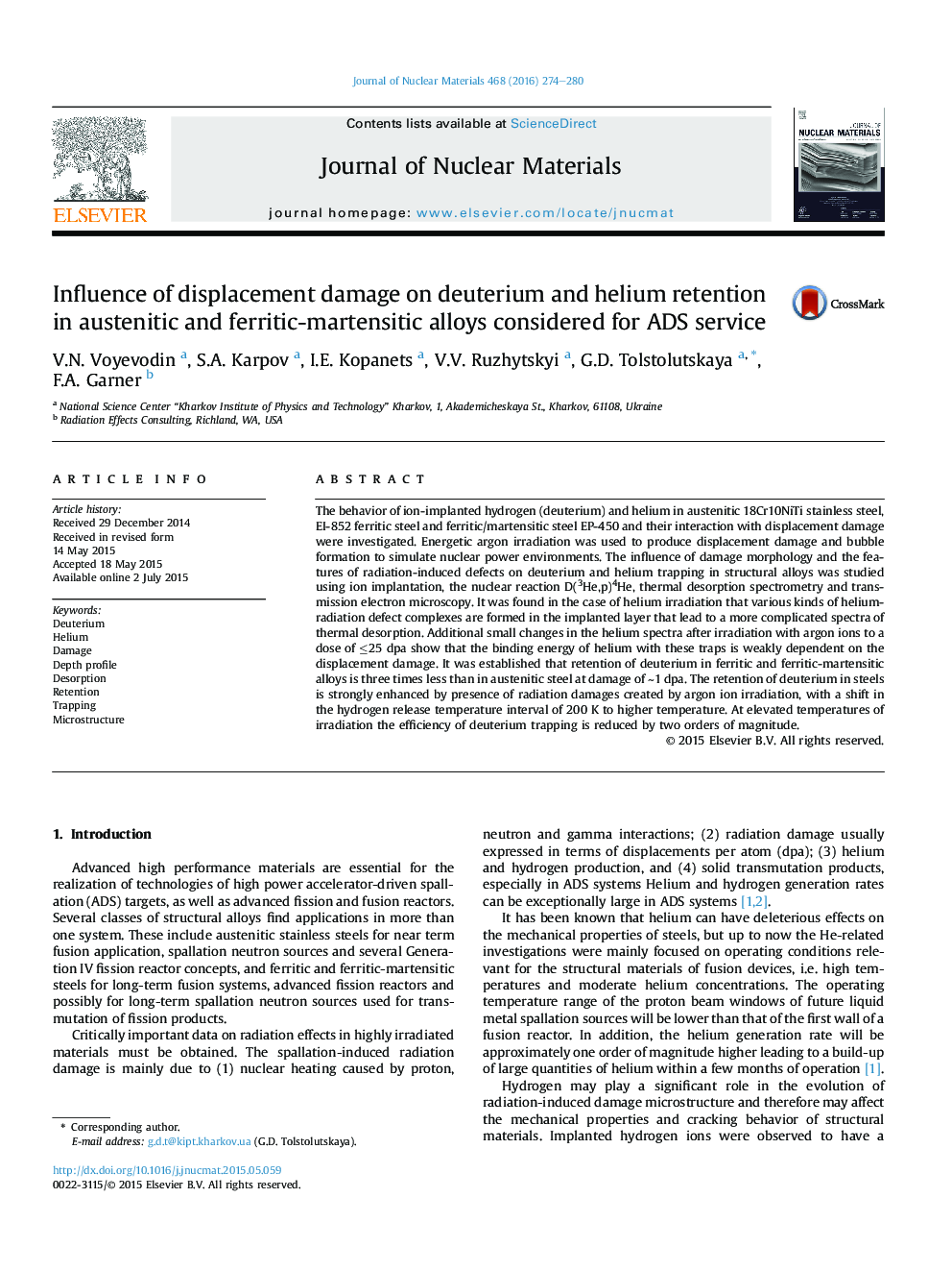 Influence of displacement damage on deuterium and helium retention in austenitic and ferritic-martensitic alloys considered for ADS service