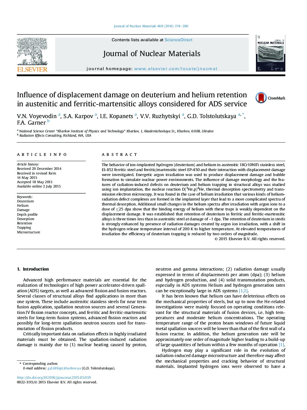 عکس صفحه اول مقاله: Influence of displacement damage on deuterium and helium retention in austenitic and ferritic-martensitic alloys considered for ADS service Influence of displacement damage on deuterium and helium retention in austenitic and ferritic-martensitic alloys considered for ADS service