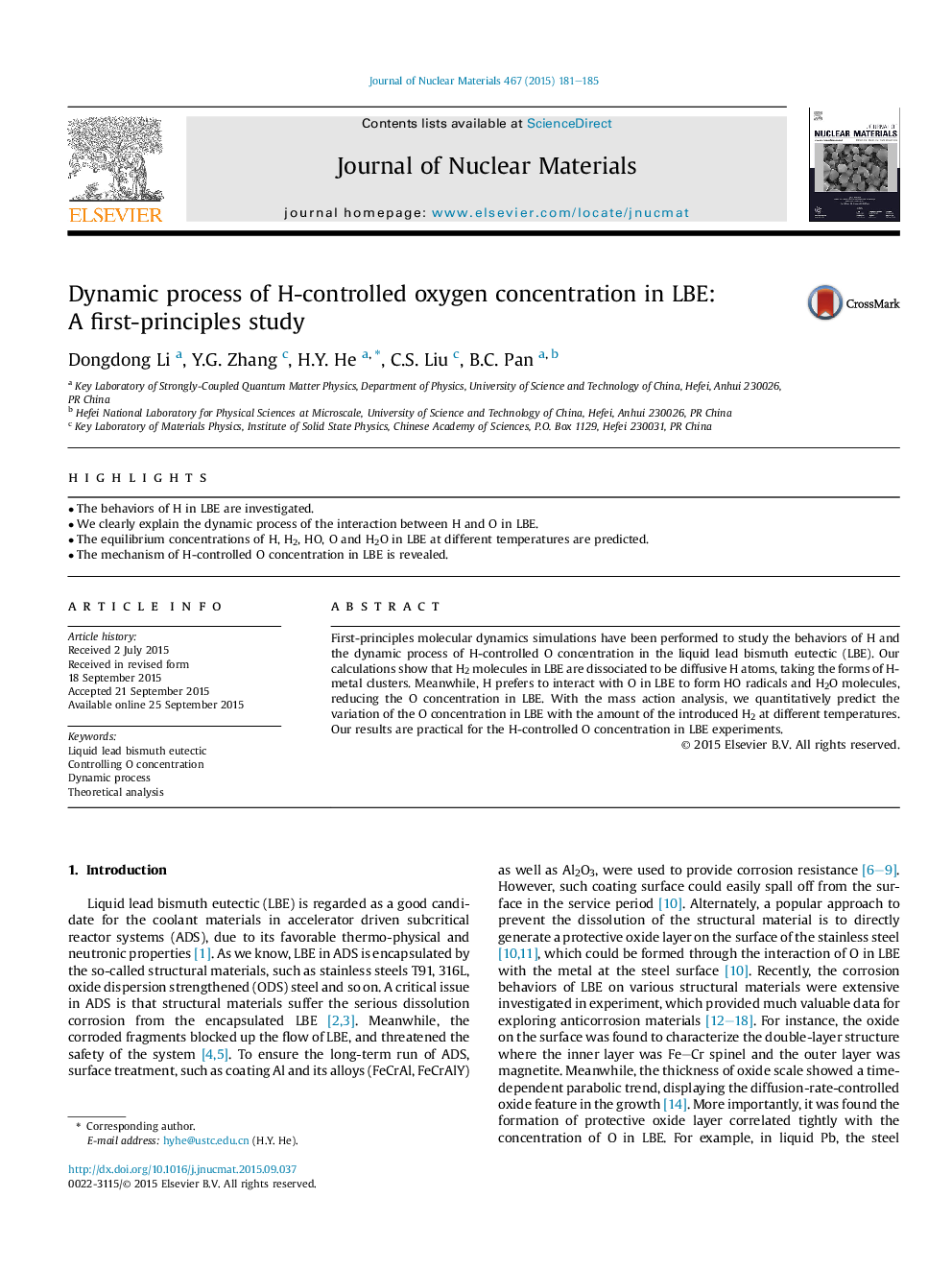 Dynamic process of H-controlled oxygen concentration in LBE: A first-principles study