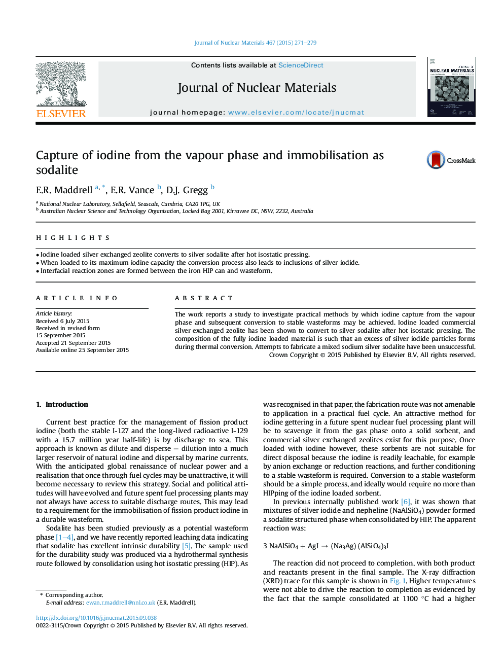 Capture of iodine from the vapour phase and immobilisation as sodalite