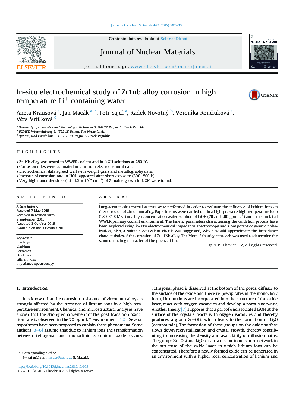 عکس صفحه اول مقاله: In-situ electrochemical study of Zr1nb alloy corrosion in high temperature Li+ containing water In-situ electrochemical study of Zr1nb alloy corrosion in high temperature Li+ containing water