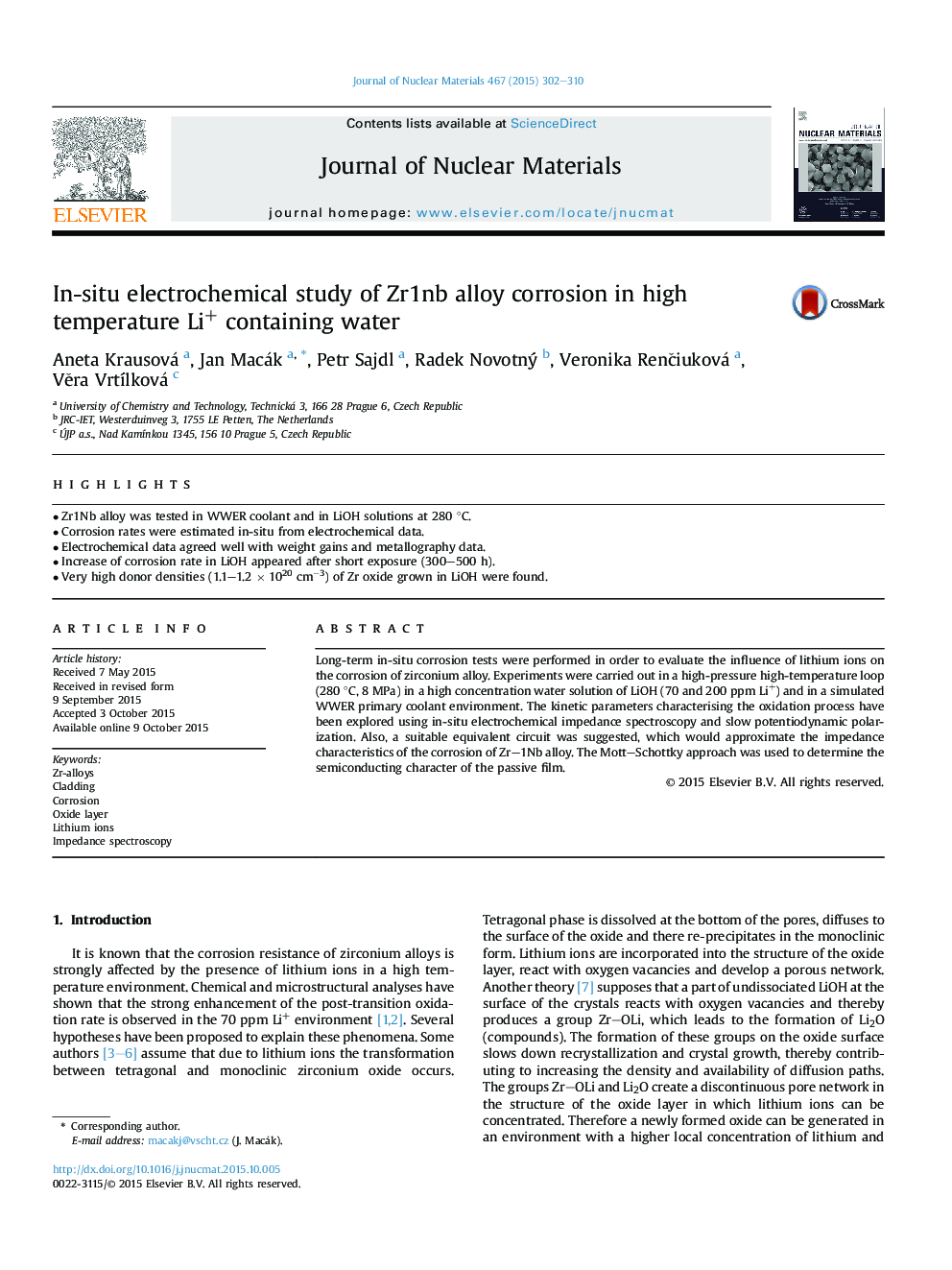 In-situ electrochemical study of Zr1nb alloy corrosion in high temperature Li+ containing water