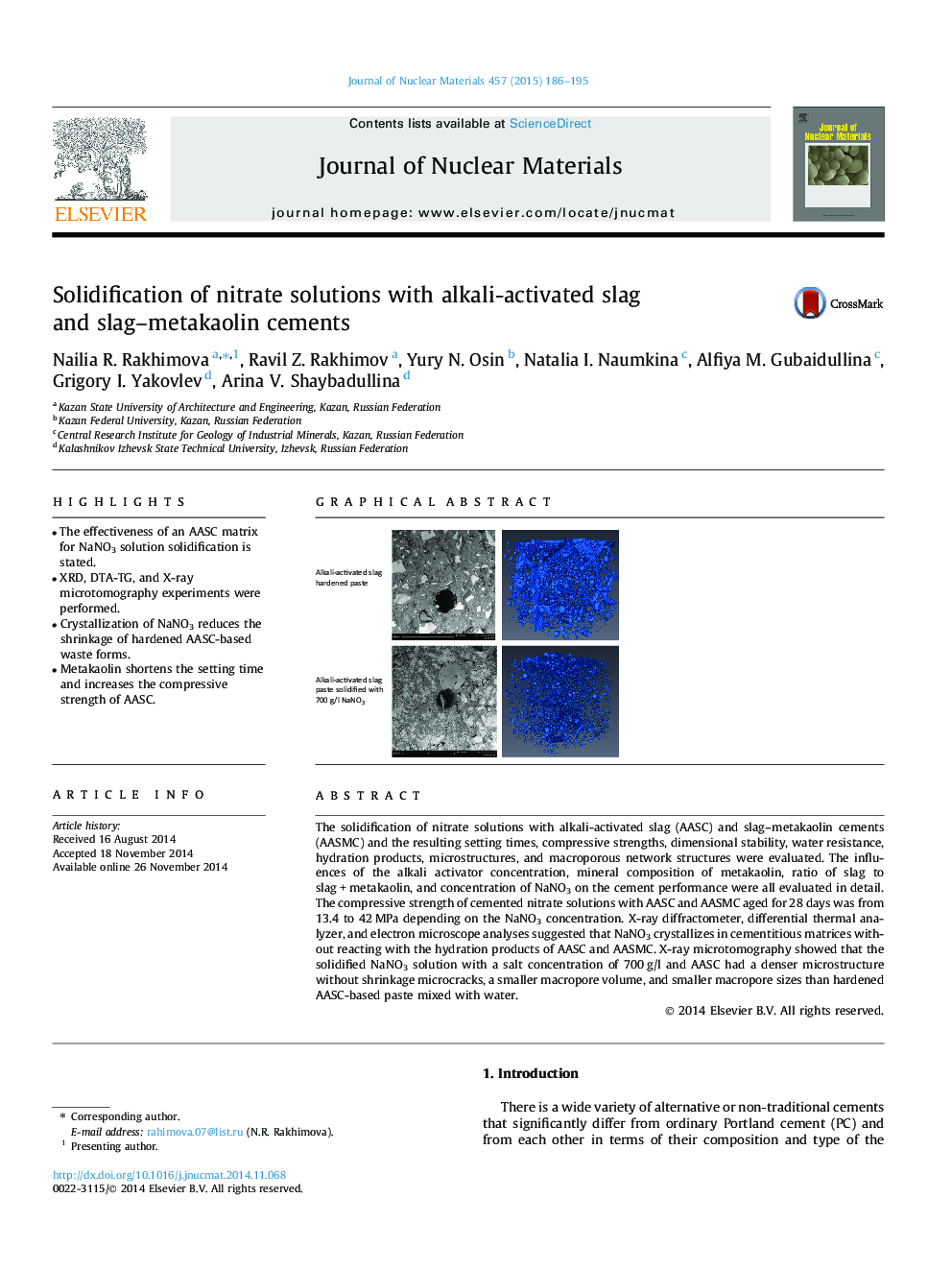 Solidification of nitrate solutions with alkali-activated slag and slag-metakaolin cements