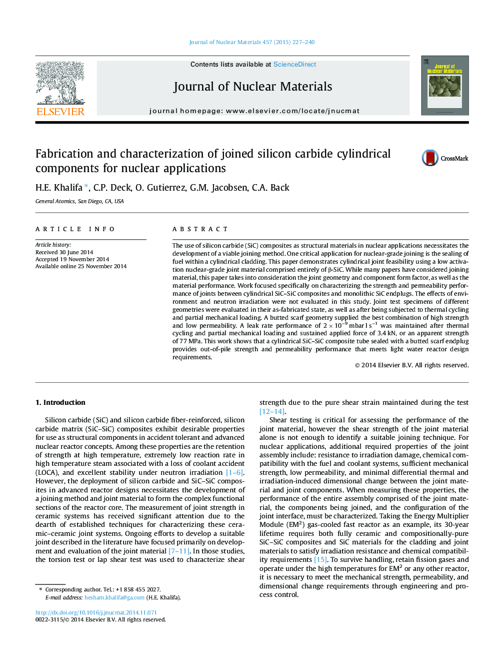 Fabrication and characterization of joined silicon carbide cylindrical components for nuclear applications