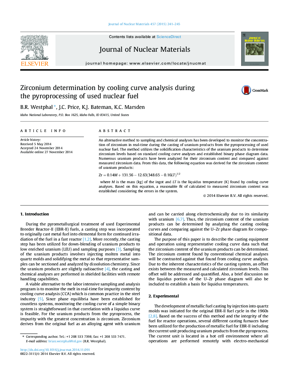 Zirconium determination by cooling curve analysis during the pyroprocessing of used nuclear fuel